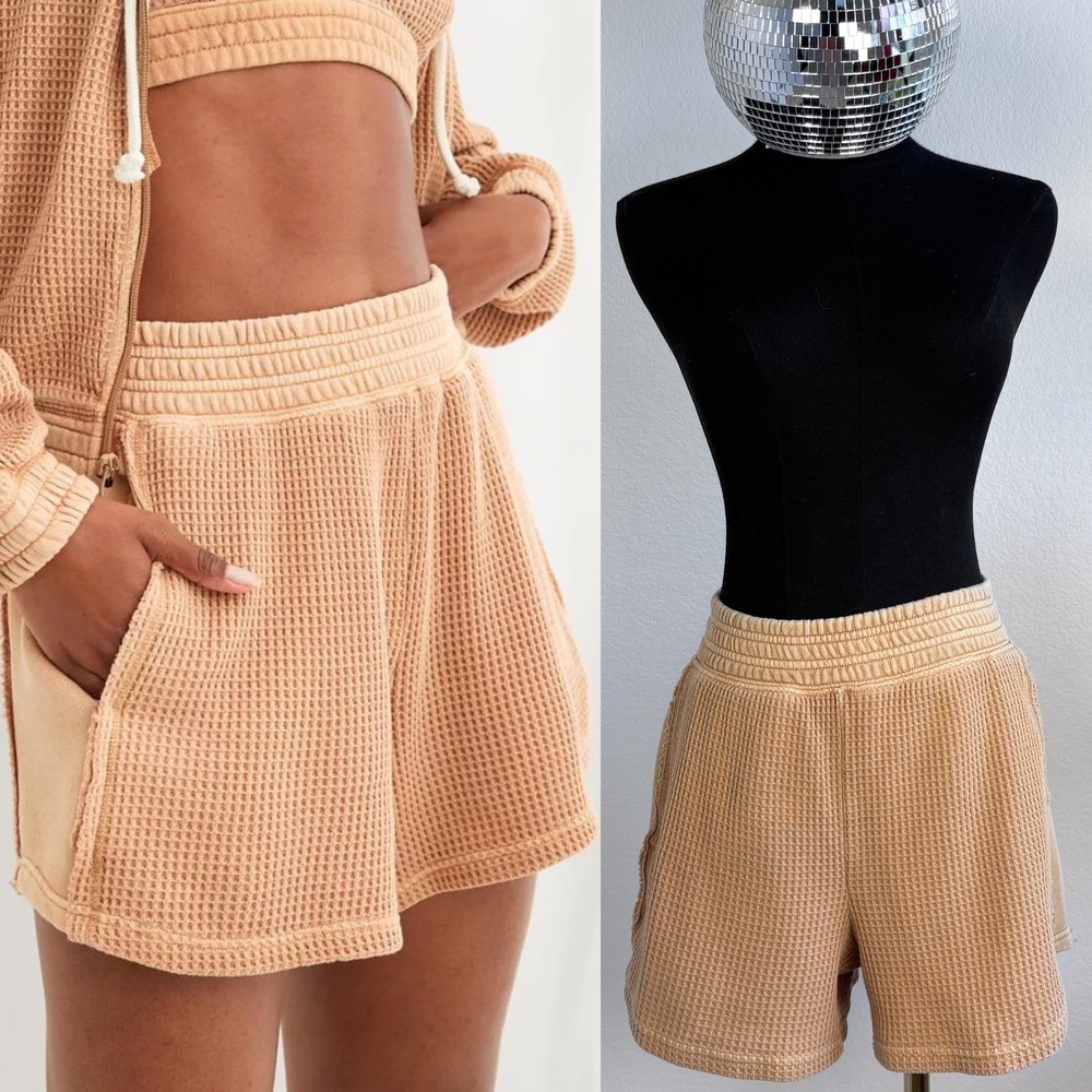 Aerie Womens XS Tan Waffle Knit Lounge Shorts High Waisted Thermal Smocked Waist